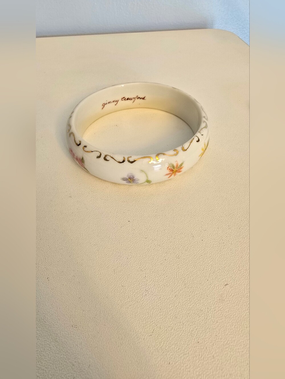 Signed by Ginny Crawford Hand Painted Flowers Porcelain Bangle Bracelet Vintage